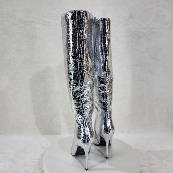 Silver Metallic  Festive   Pointy Toe Boots With 4 inch Stiletto Heel - Picture 8 of 11
